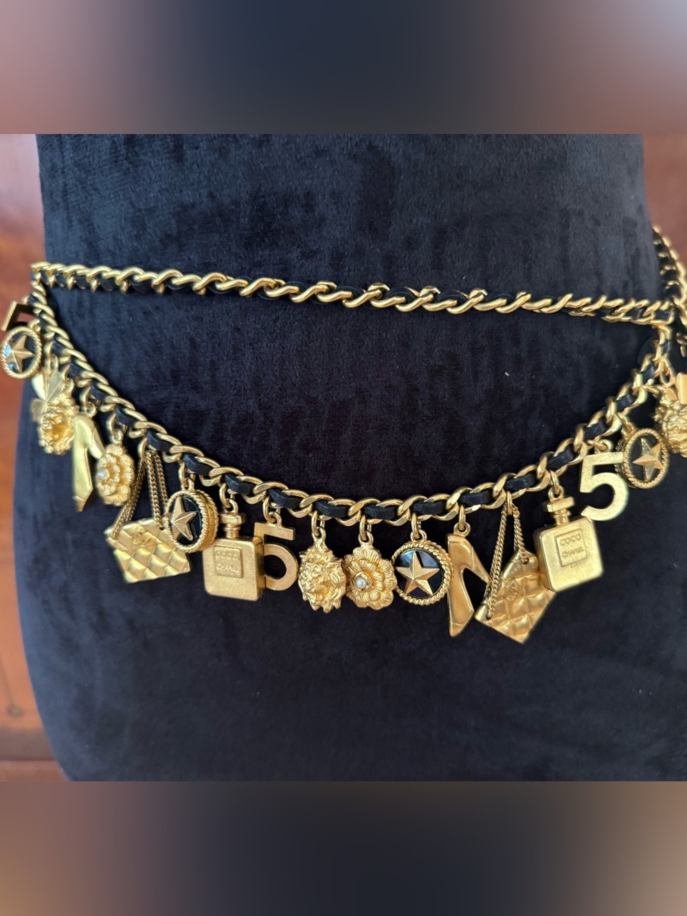 CHANEL Gold and Black Chain Charm Belt